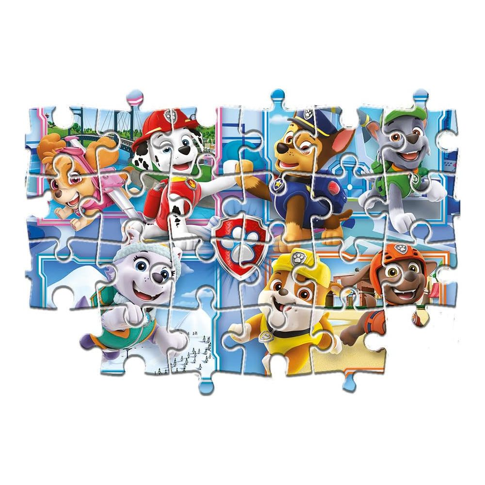 Chiots de la Pat'Patrouille sur fond de puzzle avec ciel bleu et nuages.