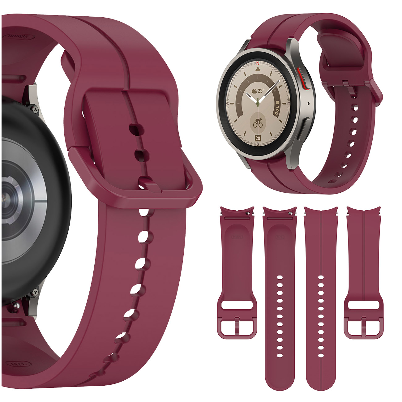 Bordowy smartwatch z wymiennymi paskami i zbliżeniami.