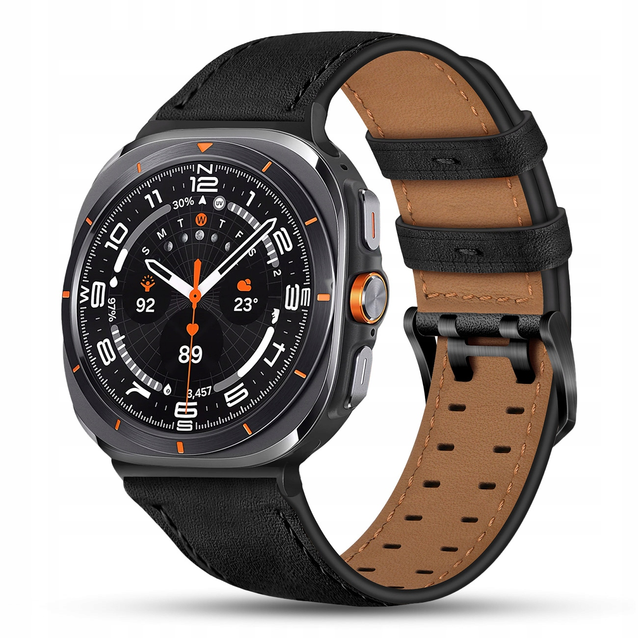 Czarny smartwatch ze skórzanym paskiem i okrągłą tarczą z pomarańczowymi akcentami.