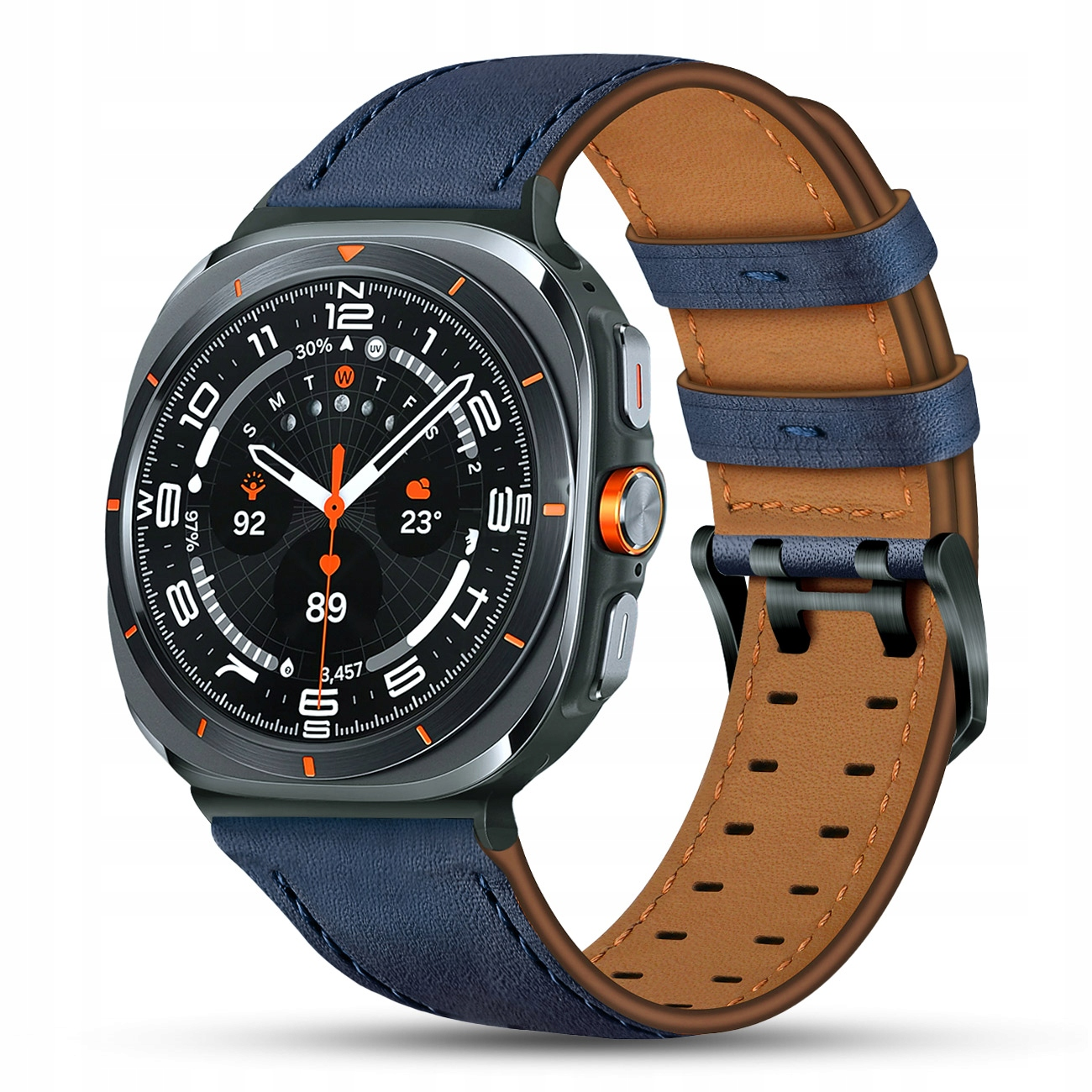 Szary smartwatch z niebieskim skórzanym paskiem i brązową podszewką.