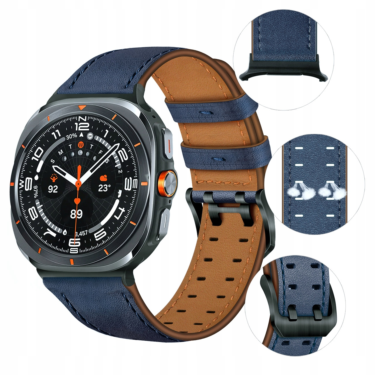 Nowoczesny smartwatch z niebieską skórzaną bransoletą i brązową podszewką. Wyświetla pogodę i tętno.