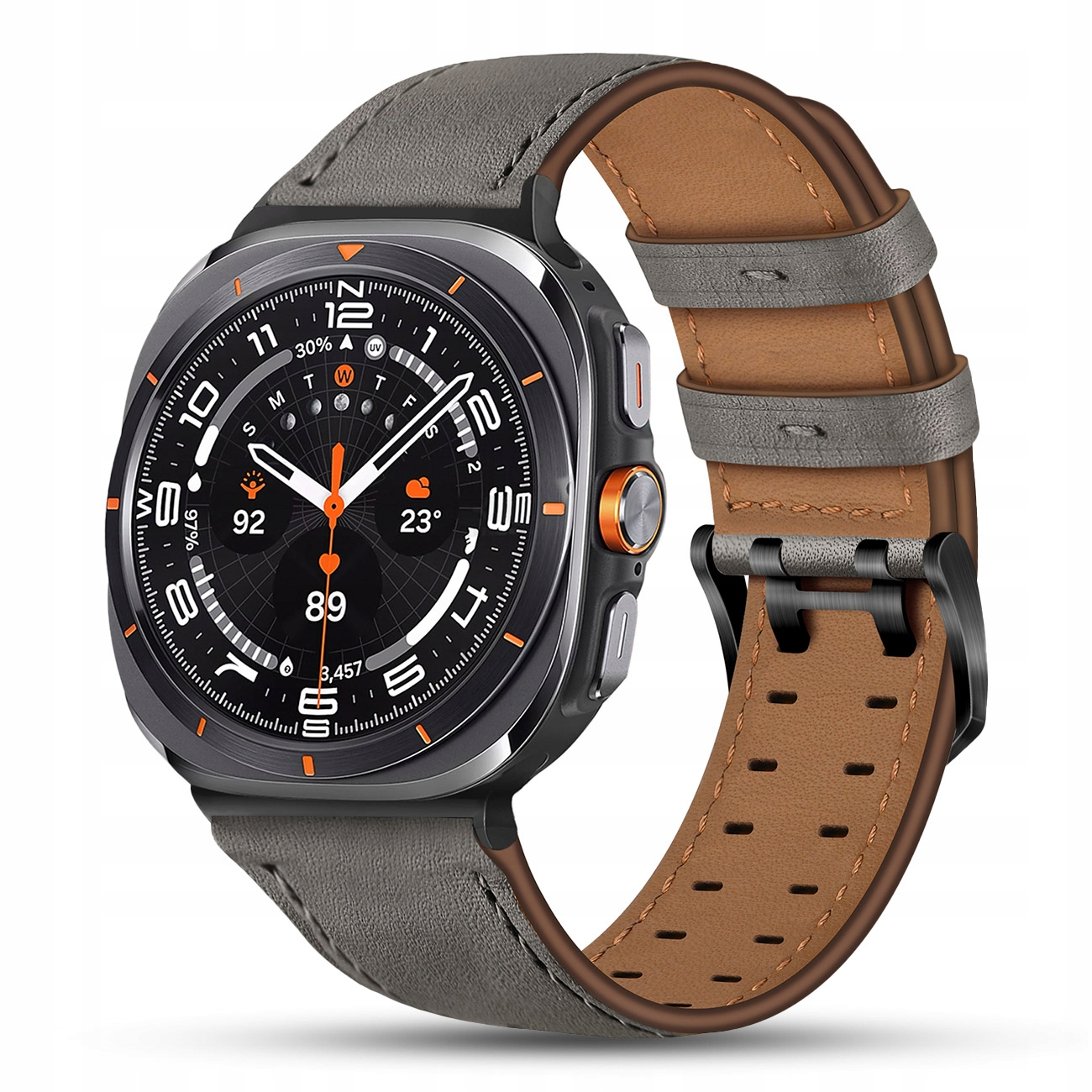 Nowoczesny smartwatch z ciemną tarczą, pomarańczowymi akcentami i szaro-brązowymi skórzanymi paskami.