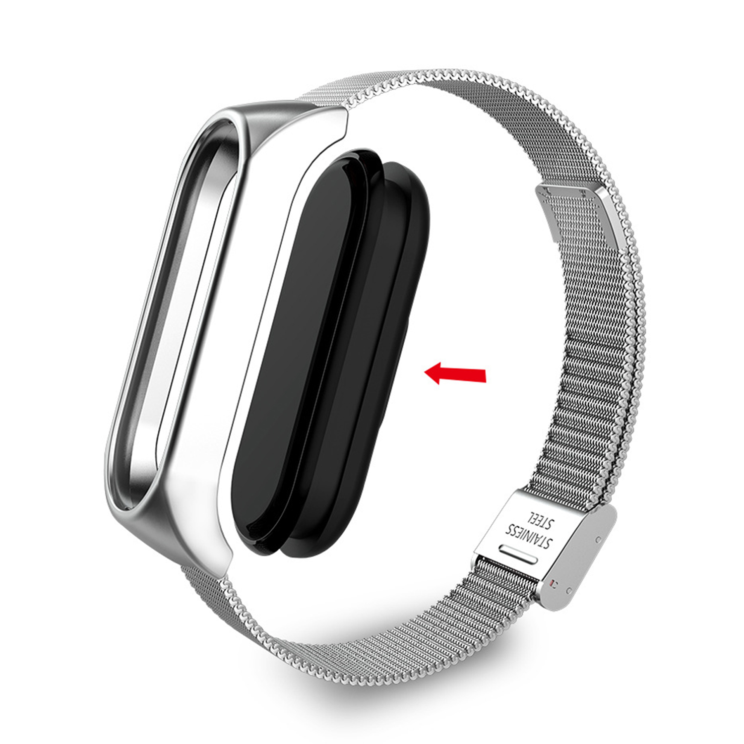 Silbernes Armband für Smartwatch mit schwarzem Kern und rotem Pfeil.