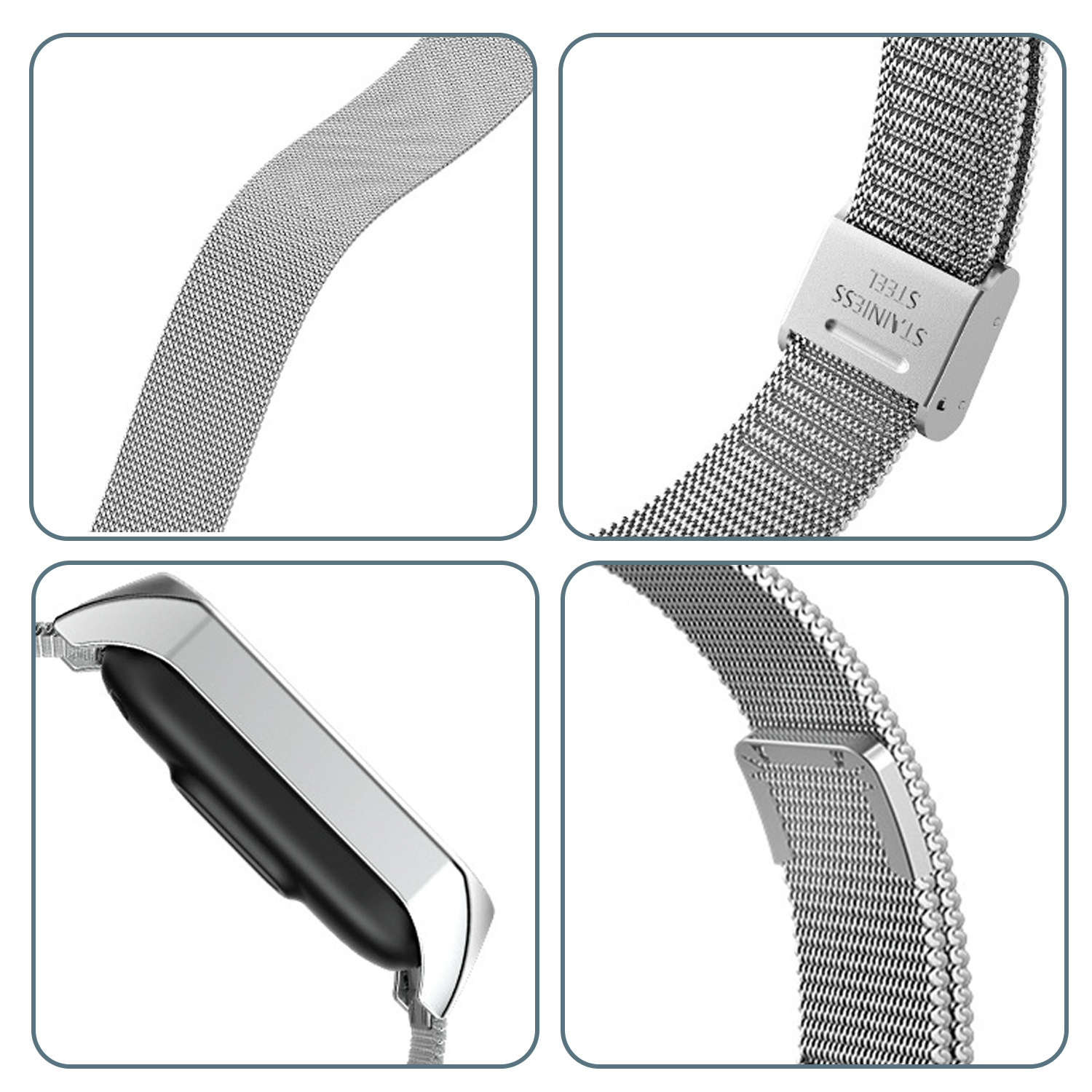 Silbernes Mesh-Armband mit Schnallenverschluss und Edelstahlprägung.