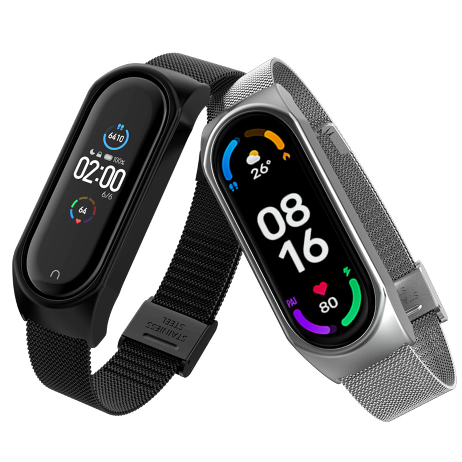 Zwei Smartwatches auf weißem Hintergrund. Eine schwarz, eine silber. Beide zeigen Zeit und Werte.