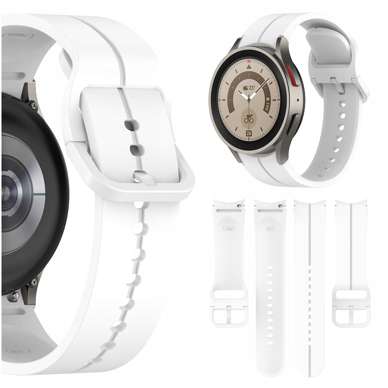 Biały smartwatch z białym paskiem i trzema zapasowymi paskami.