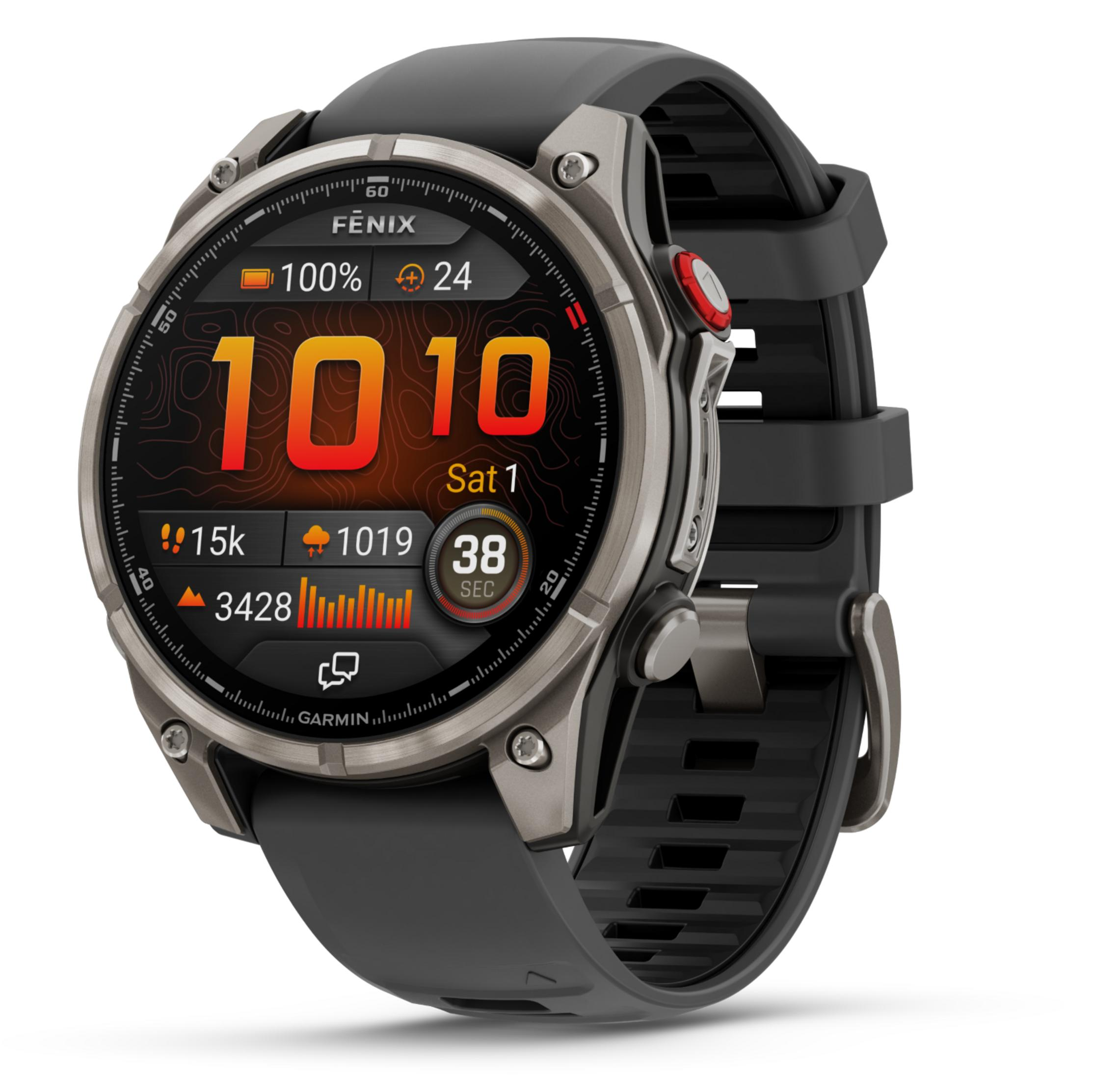 Montre connectée grise avec bracelet noir et écran lumineux.