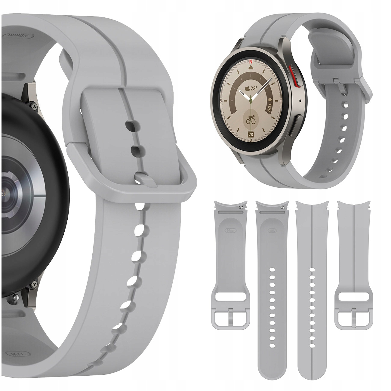 Szara opaska smartwatch ze srebrną obudową i kilkoma zapasowymi paskami.