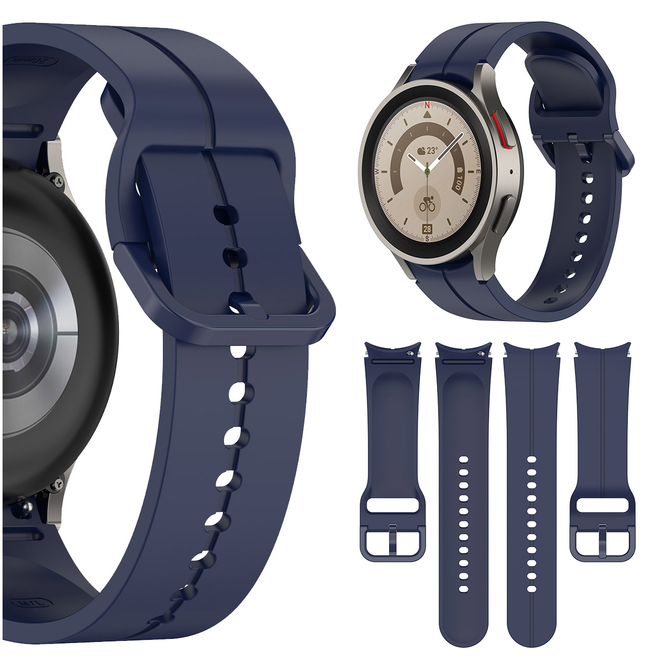 Granatowy smartwatch z paskiem i zapasowymi paskami.