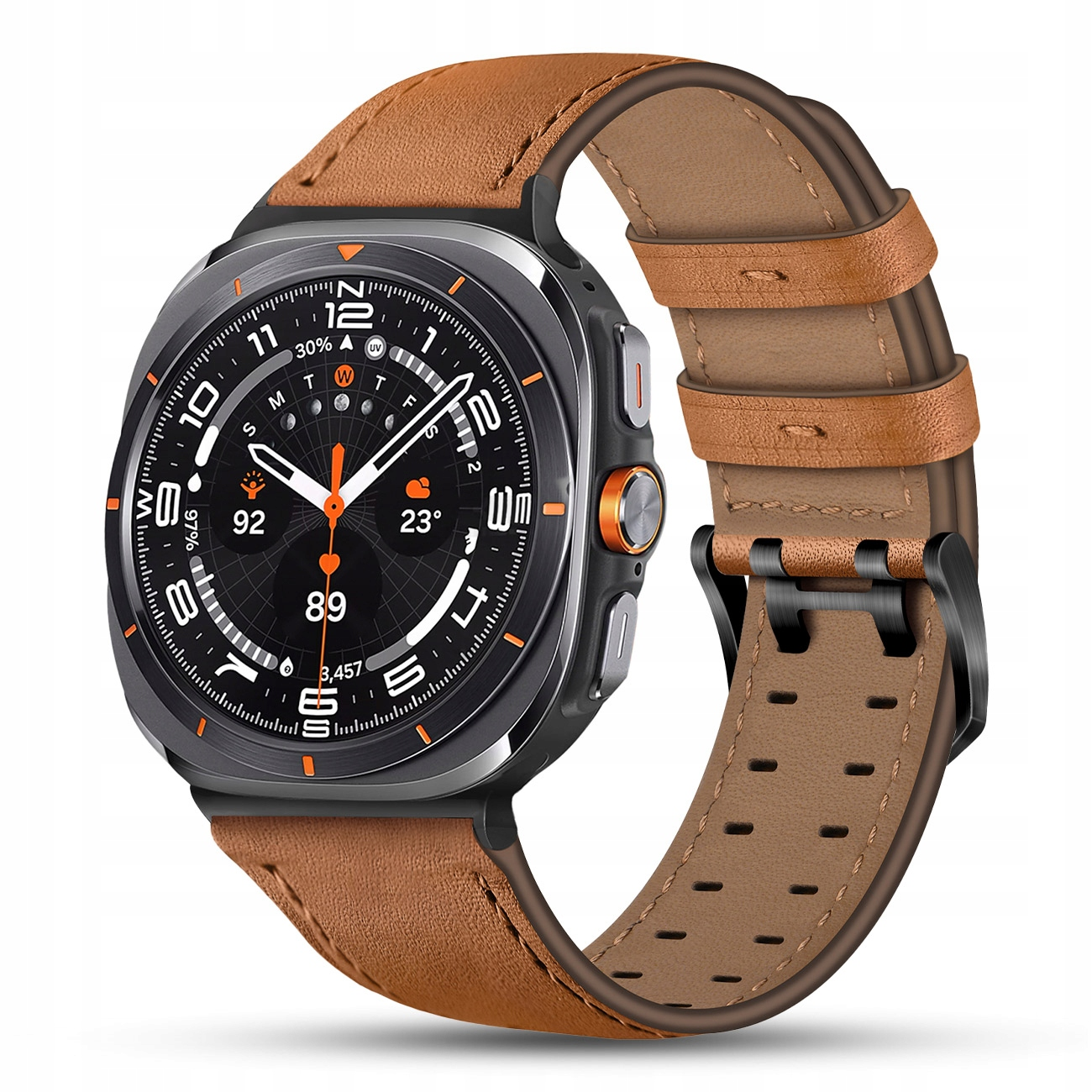 Smartwatch z brązowym skórzanym paskiem i czarnym wyświetlaczem cyfrowym.