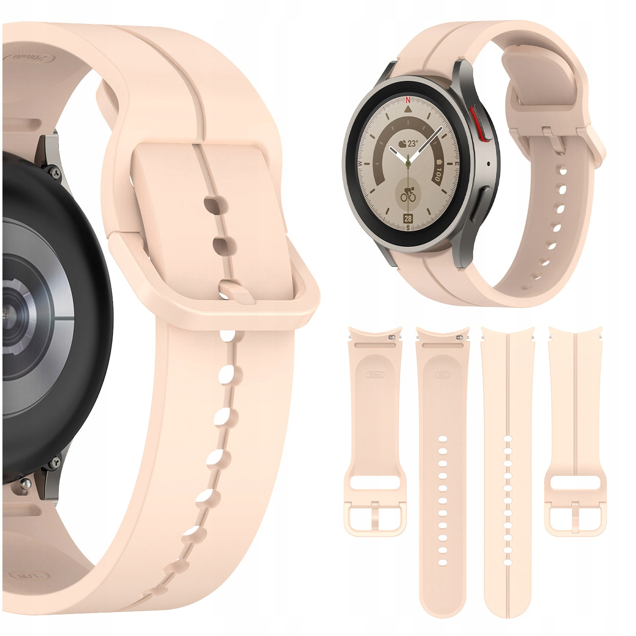 Jasnoróżowy smartwatch ze srebrną kopertą i czterema zapasowymi paskami.