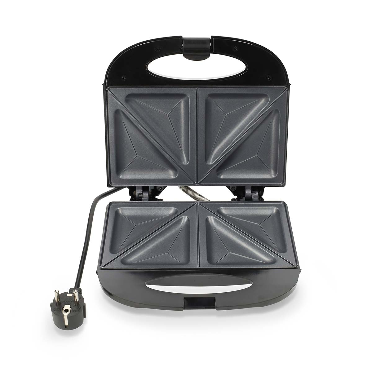 Een open zwarte tosti-ijzer met vier driehoekige kookplaten en een snoer met stekker.