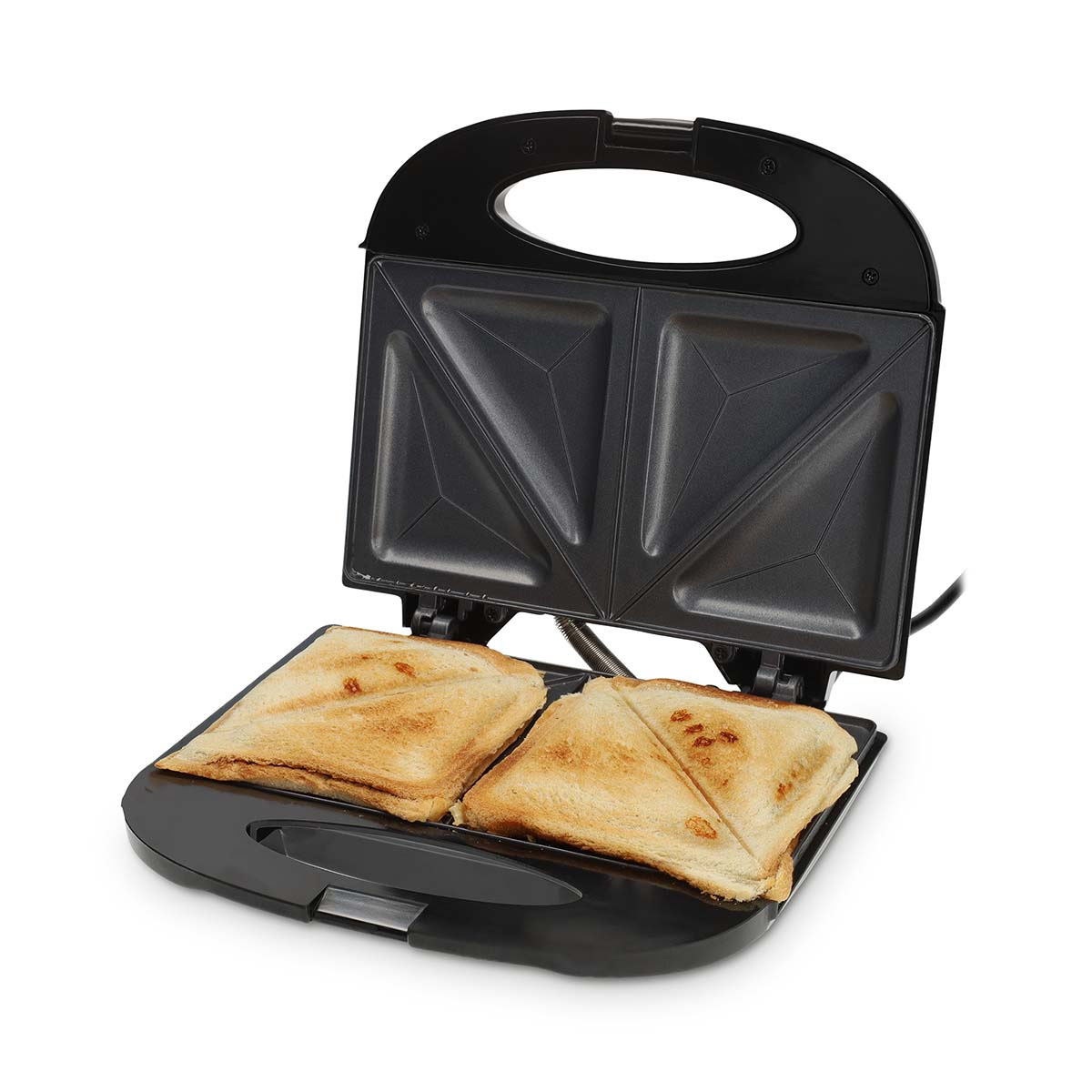 Een open tosti-apparaat met twee goudbruine tosti's die erop worden bereid.