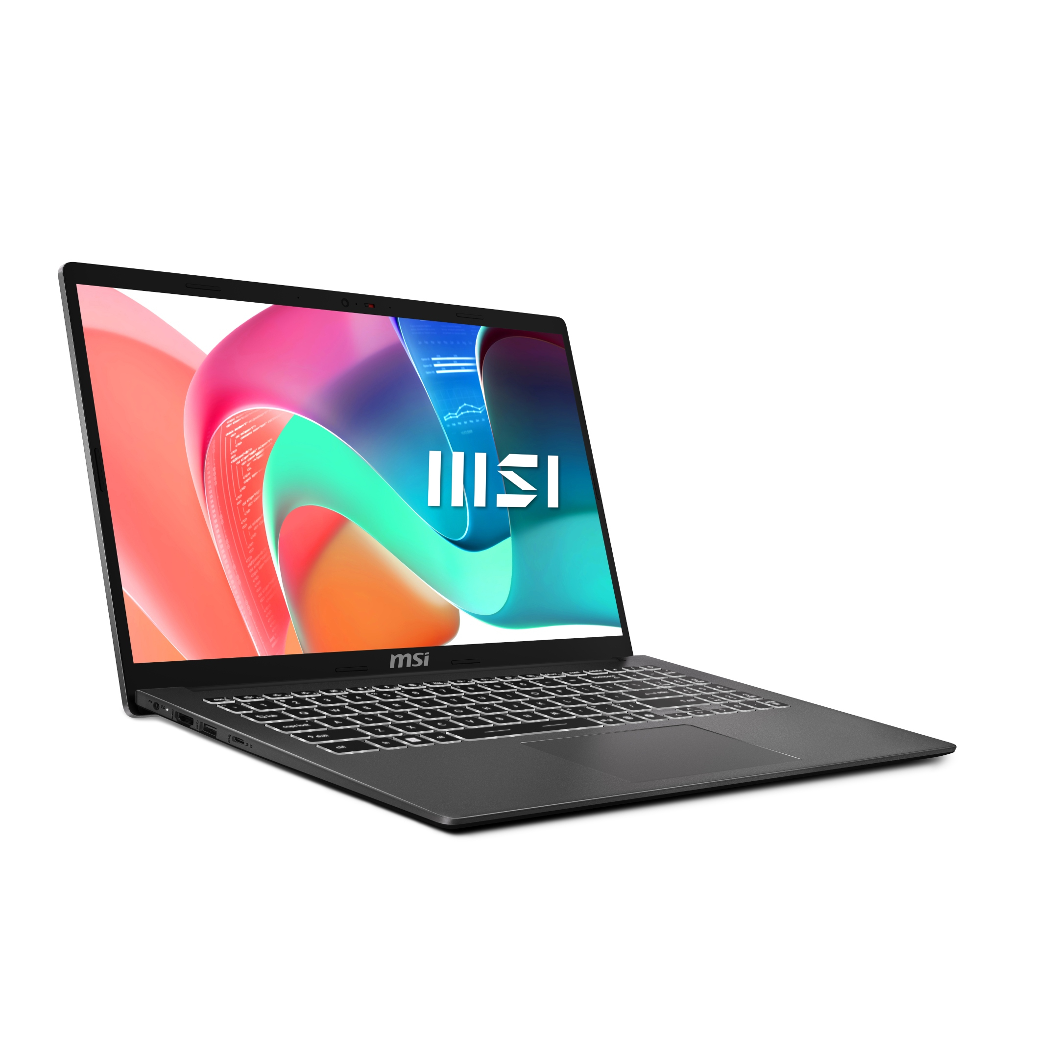 Un moderno laptop MSI grigio scuro è aperto, con uno sfondo astratto colorato sullo schermo.