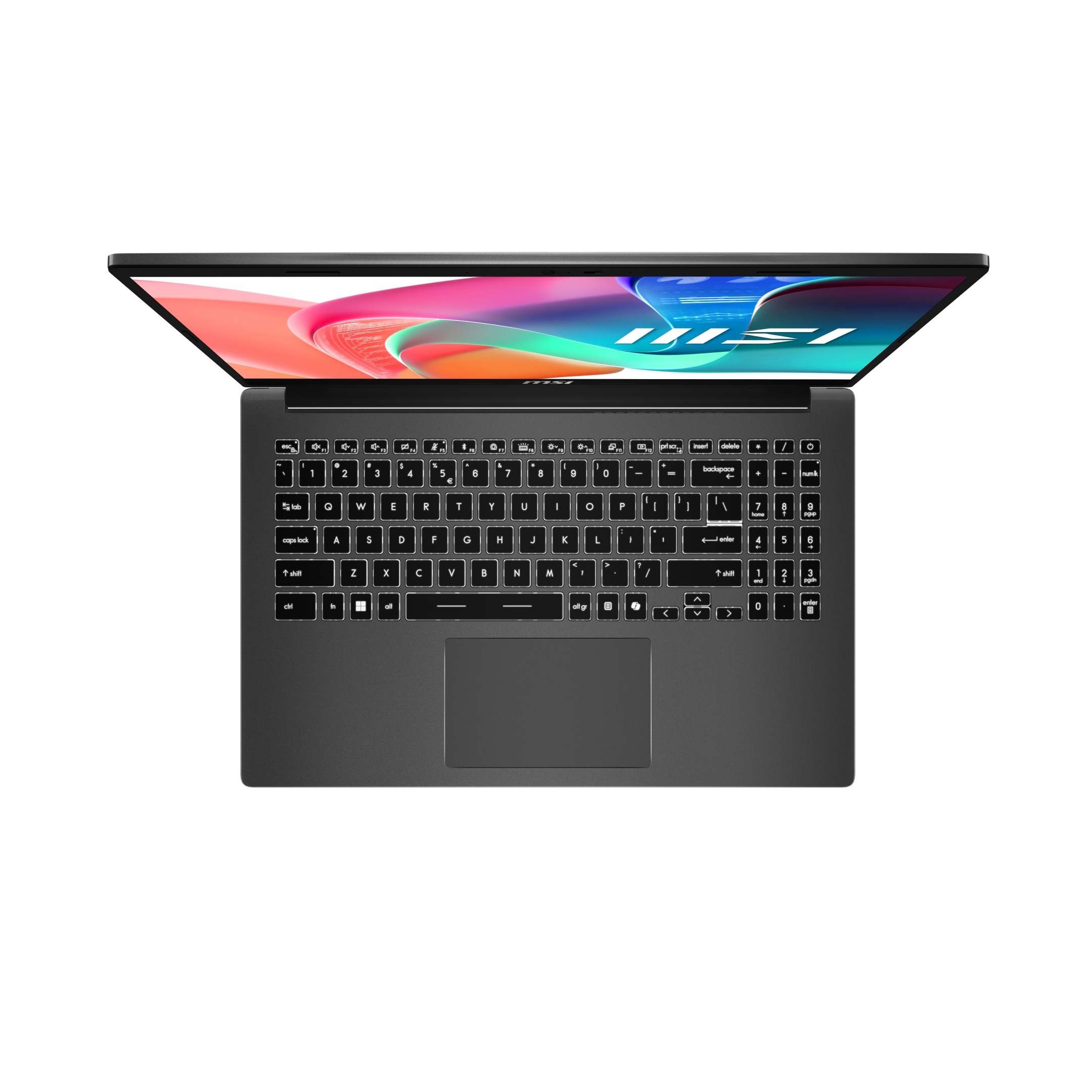 Un laptop scuro aperto con tastiera retroilluminata e display colorato.