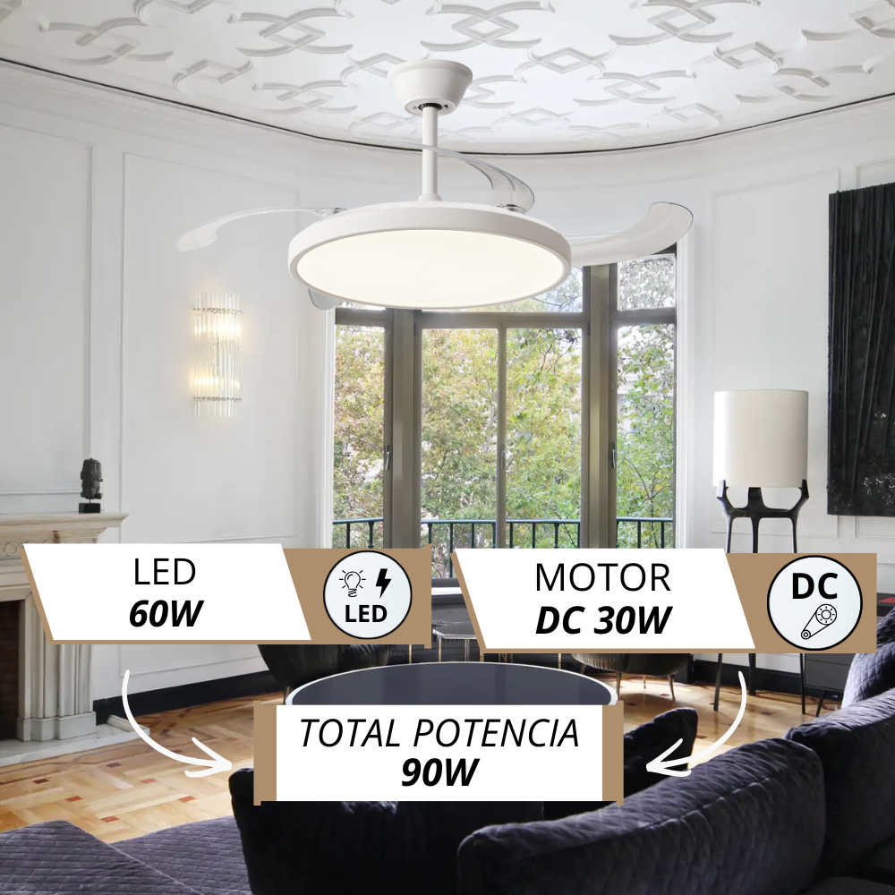 Un moderno ventilador de techo blanco con luz LED en una sala de estar.