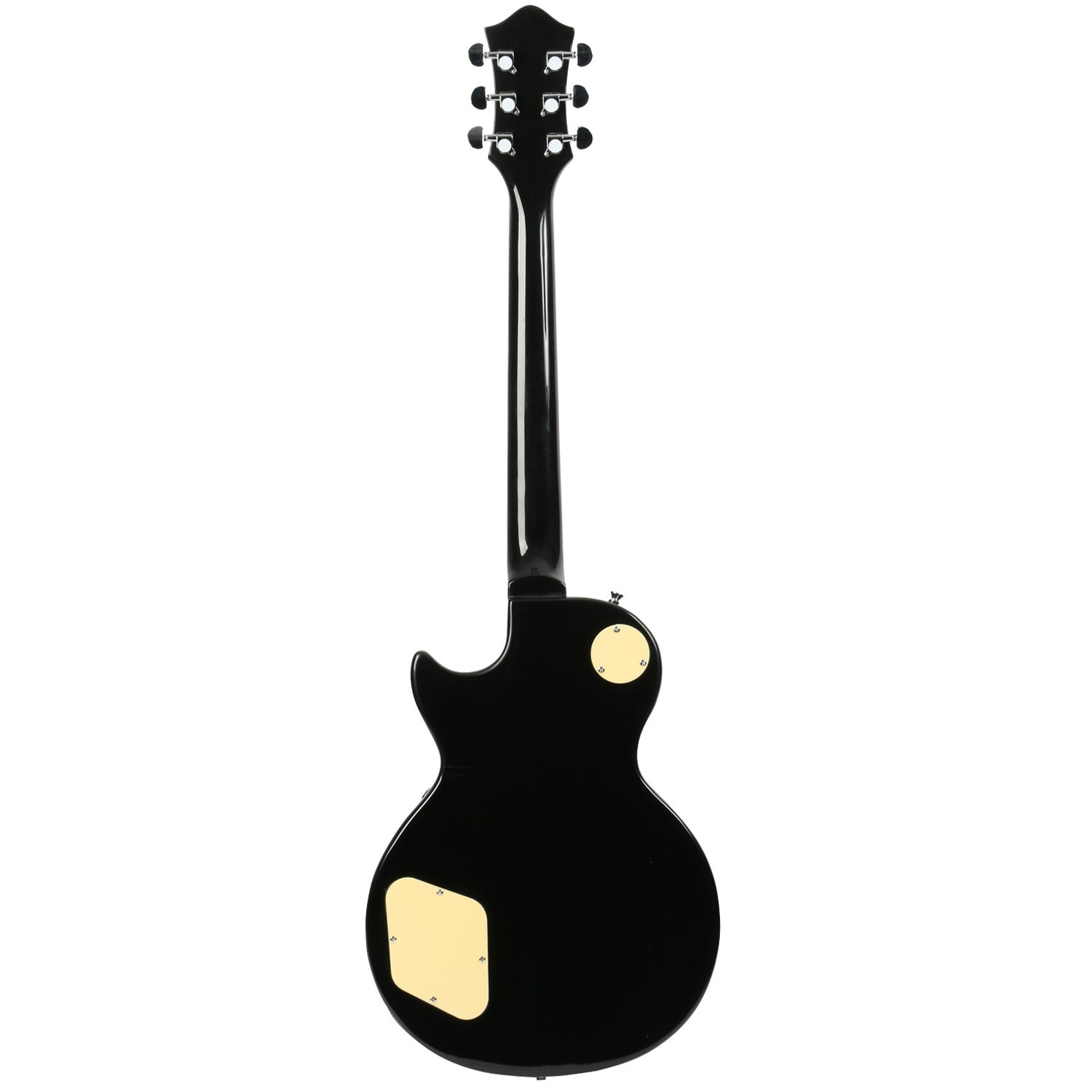 Achterkant van een zwarte elektrische gitaar met crèmekleurige covers.