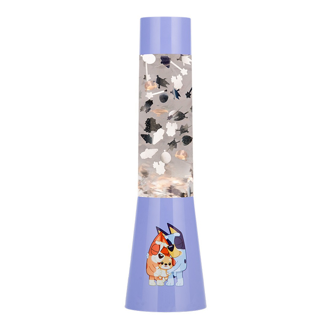 Niebieska lampa lawowa z postaciami Bluey i Bingo. Brokat unosi się w górnej części.