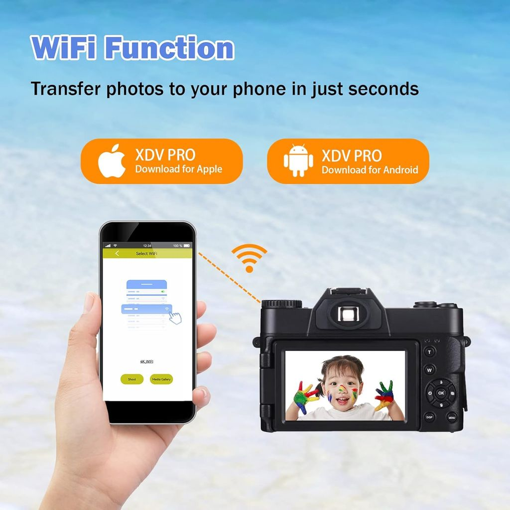Una mano sostiene un smartphone junto a una cámara. Un símbolo WiFi las conecta.