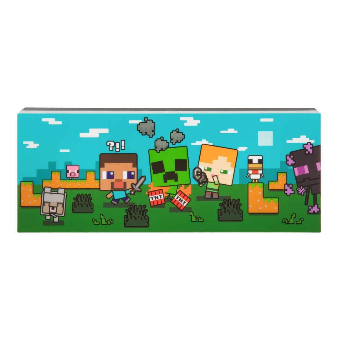Postacie z Minecraft: Steve, Creeper, Alex, Enderman, świnia, wilk i golem na trawiastym krajobrazie.