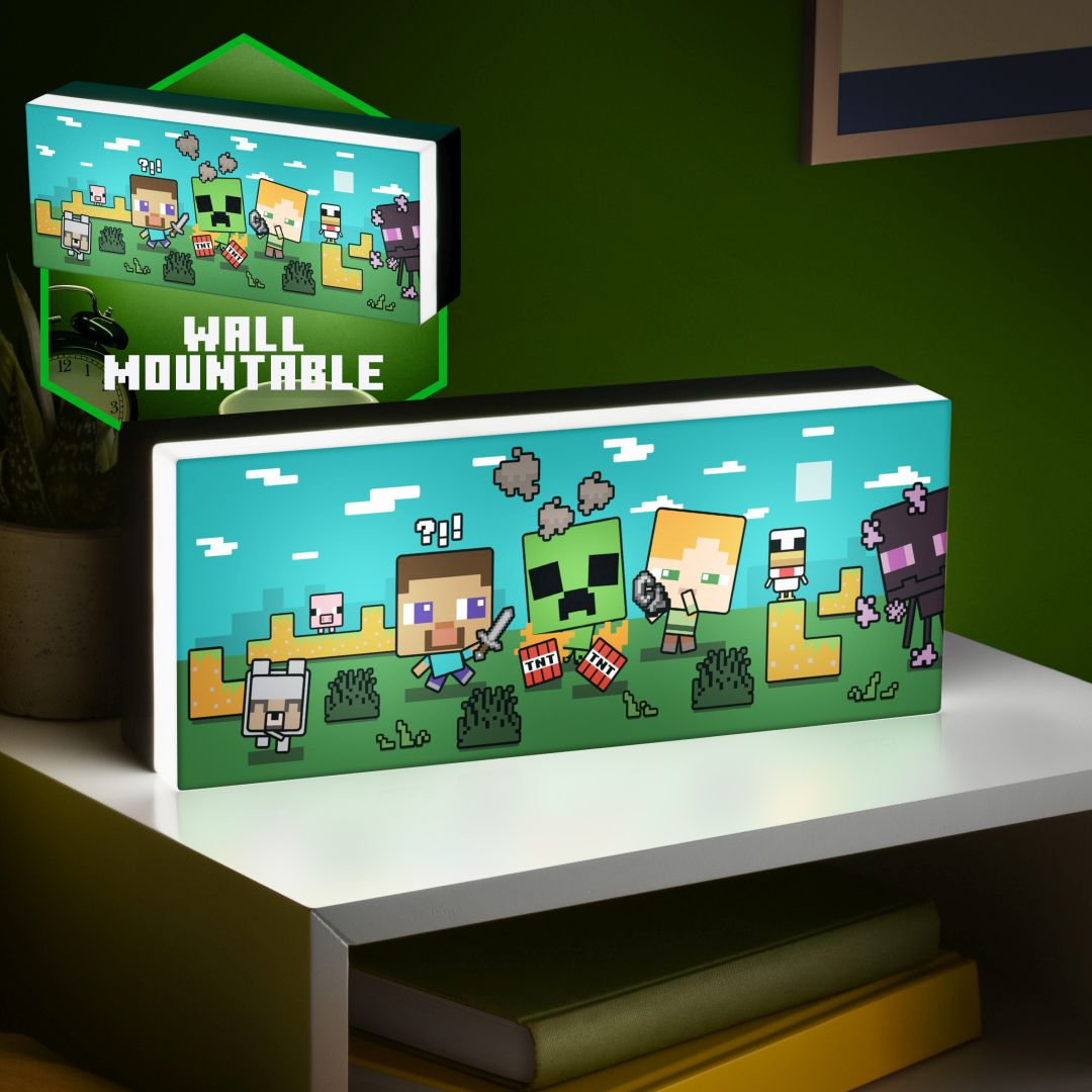 Postacie z Minecraft, w tym Steve, Creeper i Enderman, na podświetlanym stoliku nocnym.