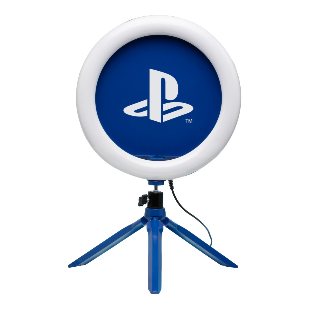 Białe światło pierścieniowe z niebieskim logo PlayStation na niebieskim statywie.