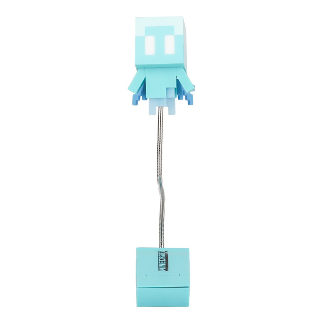Jasnoniebieski Minecraft Allay ze świecącymi oczami na elastycznej łodydze, stojący na podstawie.