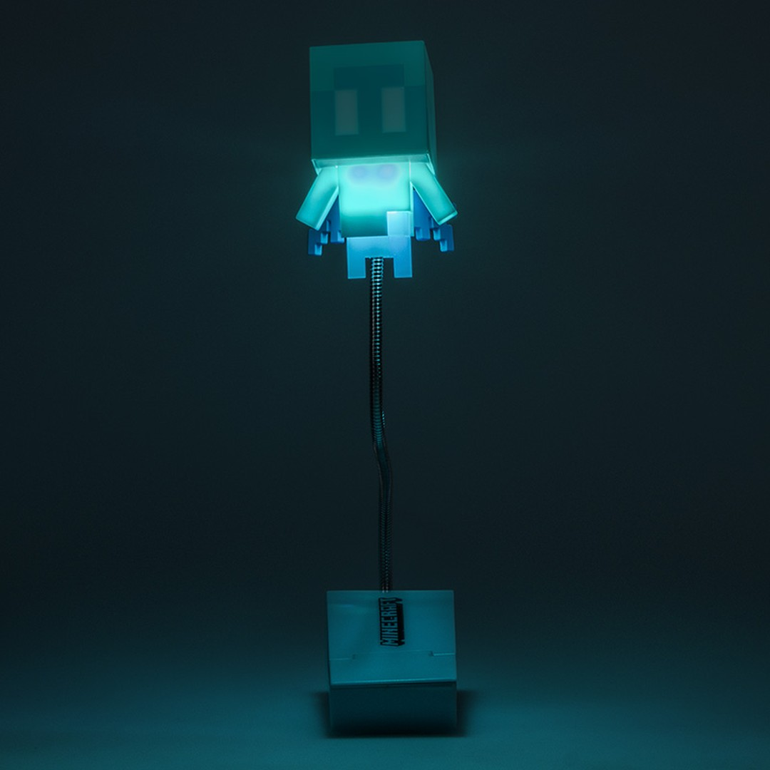 Świecąca postać z gry Minecraft z kwadratową głową i ramionami, stojąca na elastycznej łodydze.