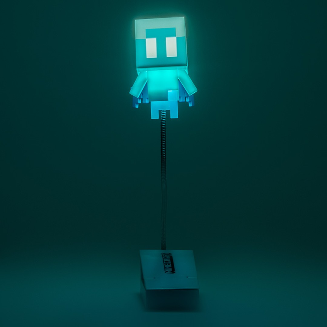 Świecący Minecraft Allay z białymi oczami na elastycznej łodydze.