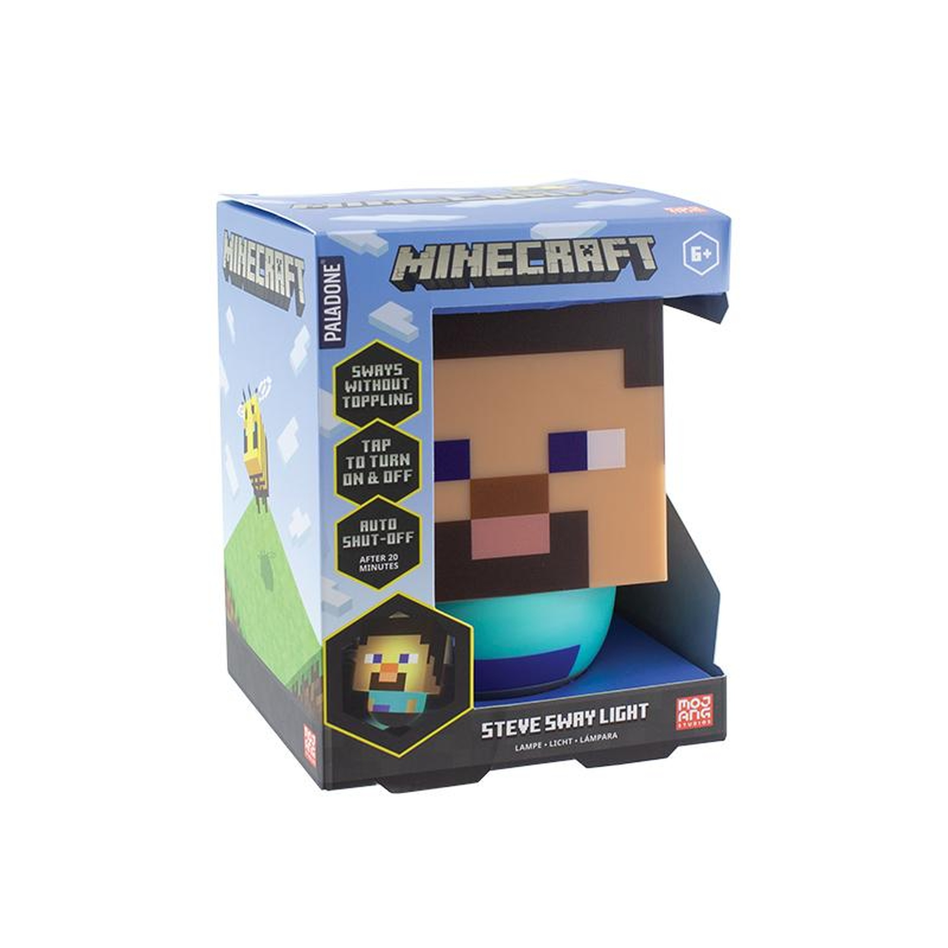 Pudełko zabawki Minecraft Steve Sway Light z ilustracją postaci.
