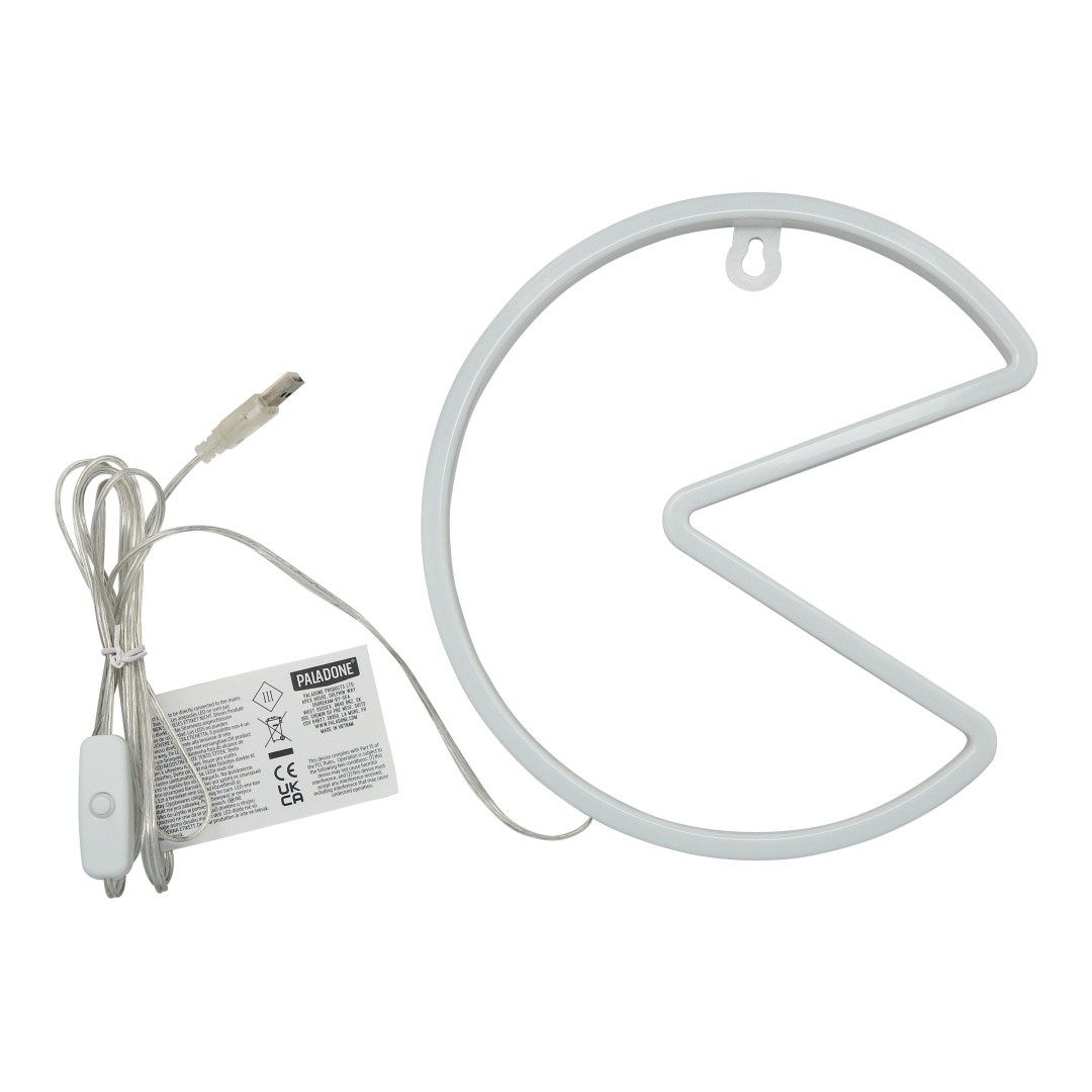 Biały neon w kształcie Pac-Mana z kablem USB i przełącznikiem.