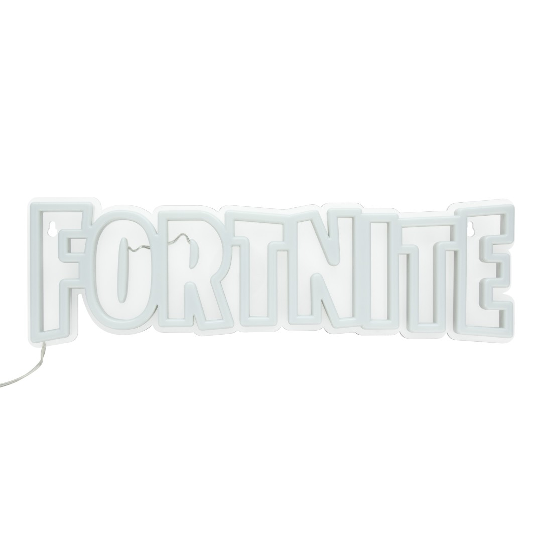Białe neonowe logo Fortnite na białym tle.