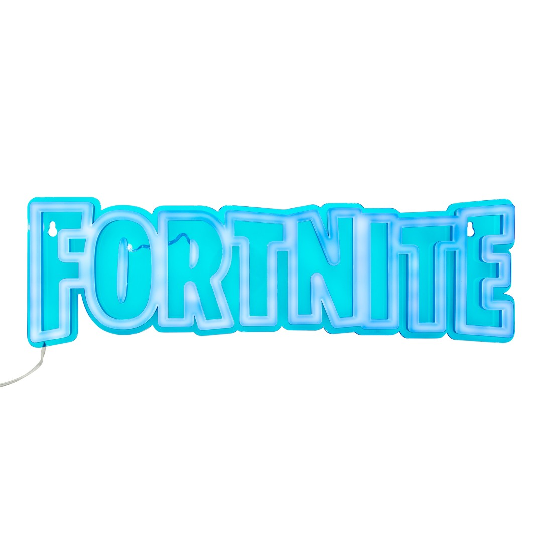 Niebieski neonowy znak Fortnite wiszący na białym tle.
