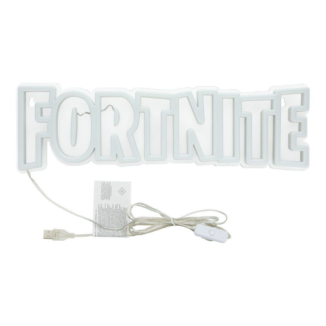 Białe, plastikowe logo Fortnite z kablem USB i przełącznikiem.
