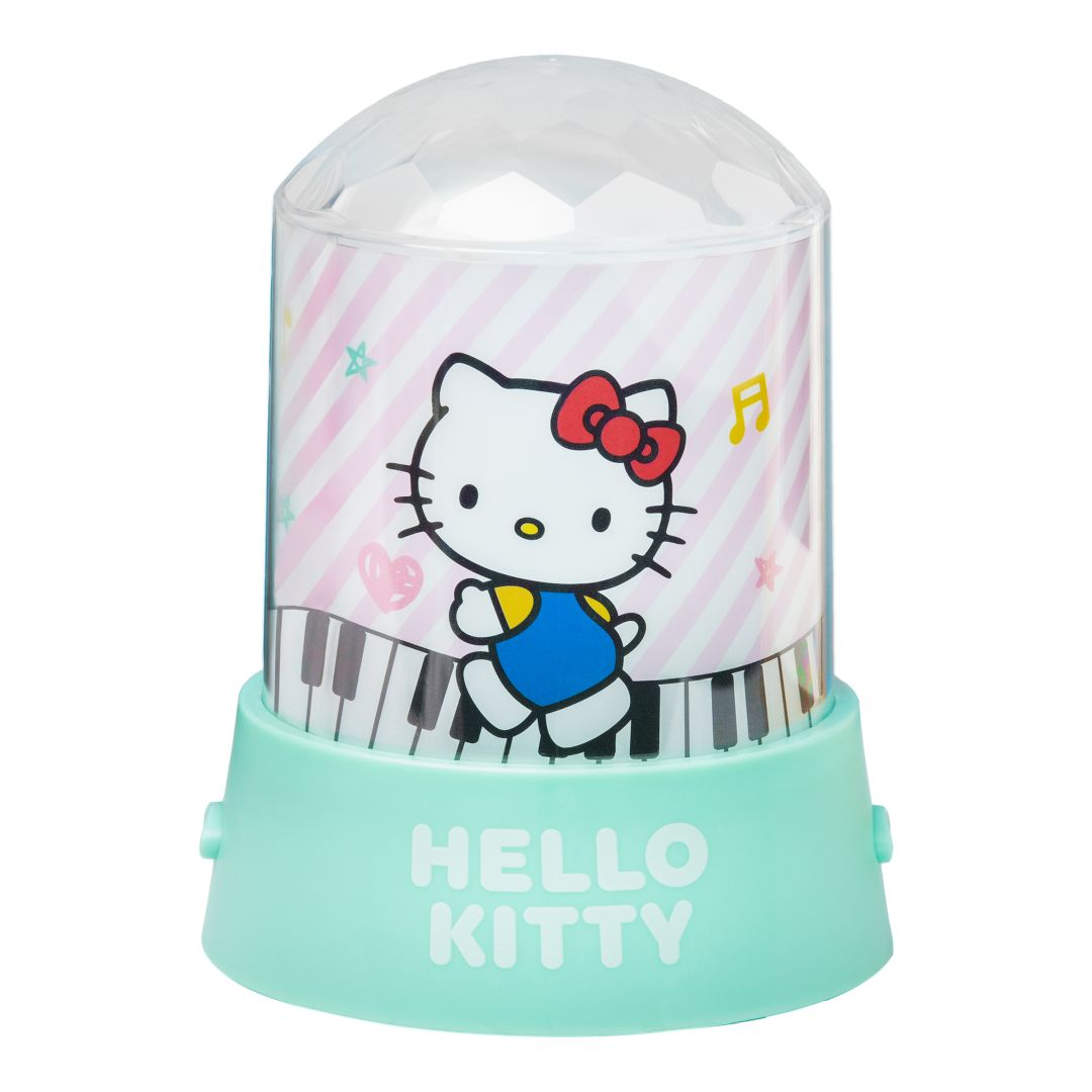 Lampa Hello Kitty z motywem klawiatury fortepianowej i kulą dyskotekową.