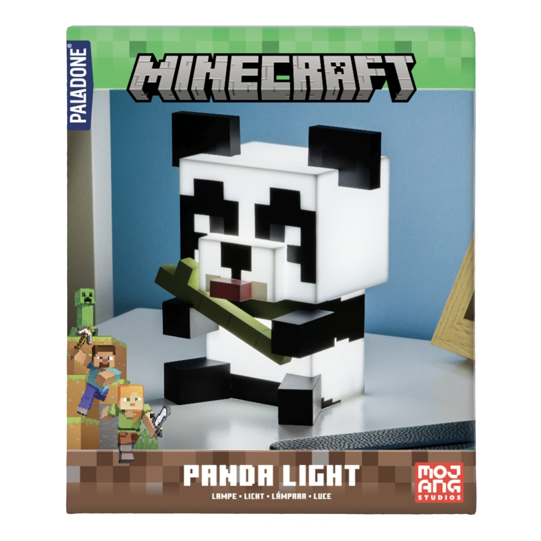 Światło pandy Minecraft trzymającej bambus. Postacie z pikseli w tle.