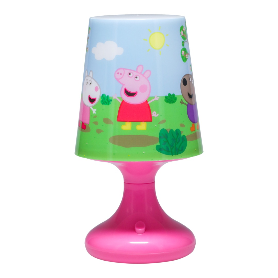 Różowa lampa z postaciami Peppy Świnki na zewnątrz.