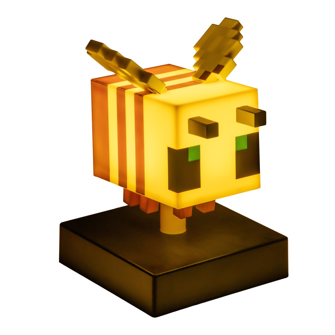 Lampa pszczoła Minecraft z czarną podstawą, pomarańczowo-żółtym korpusem i skrzydłami.