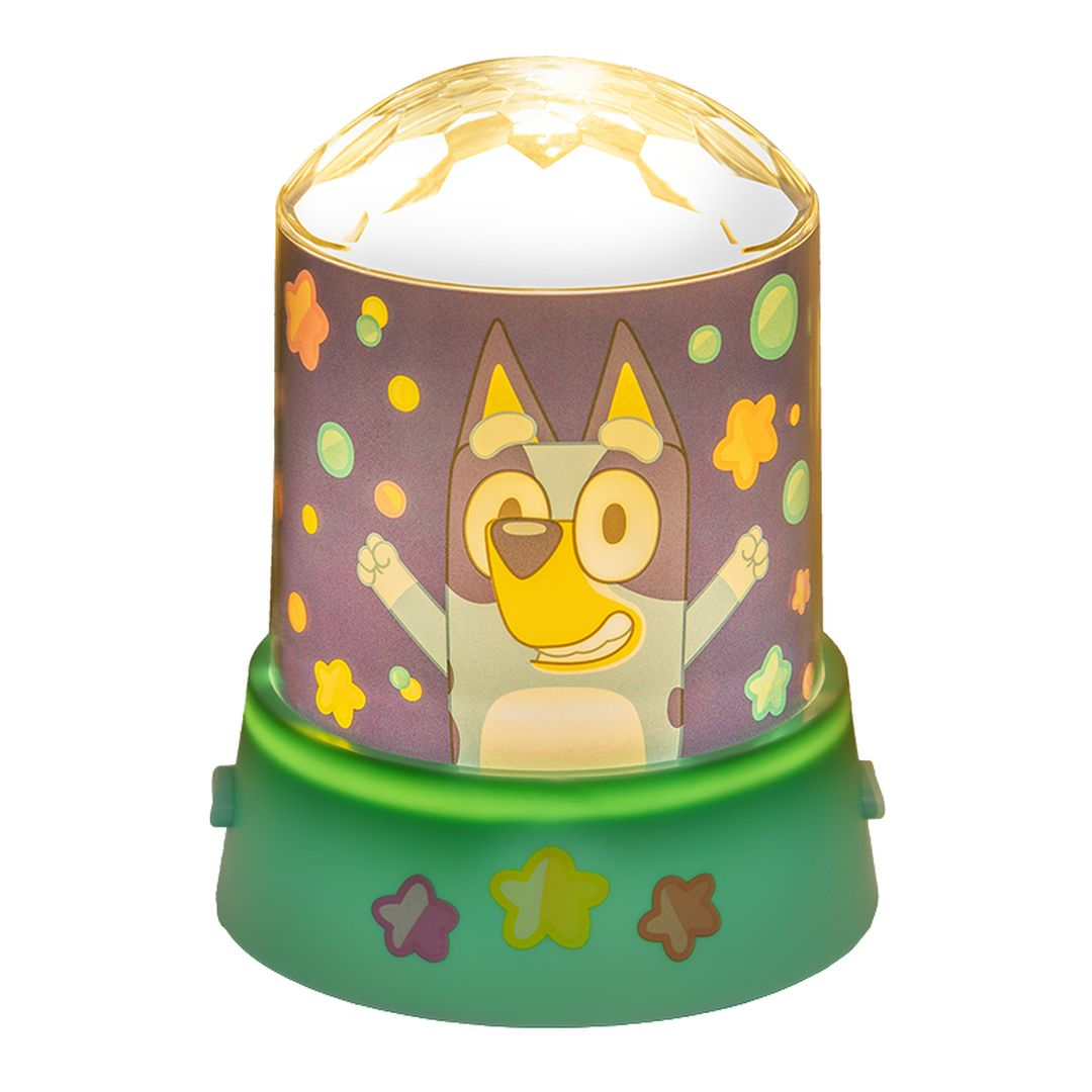 Zielona lampa z Bluey i gwiazdami. Jest zapalona.