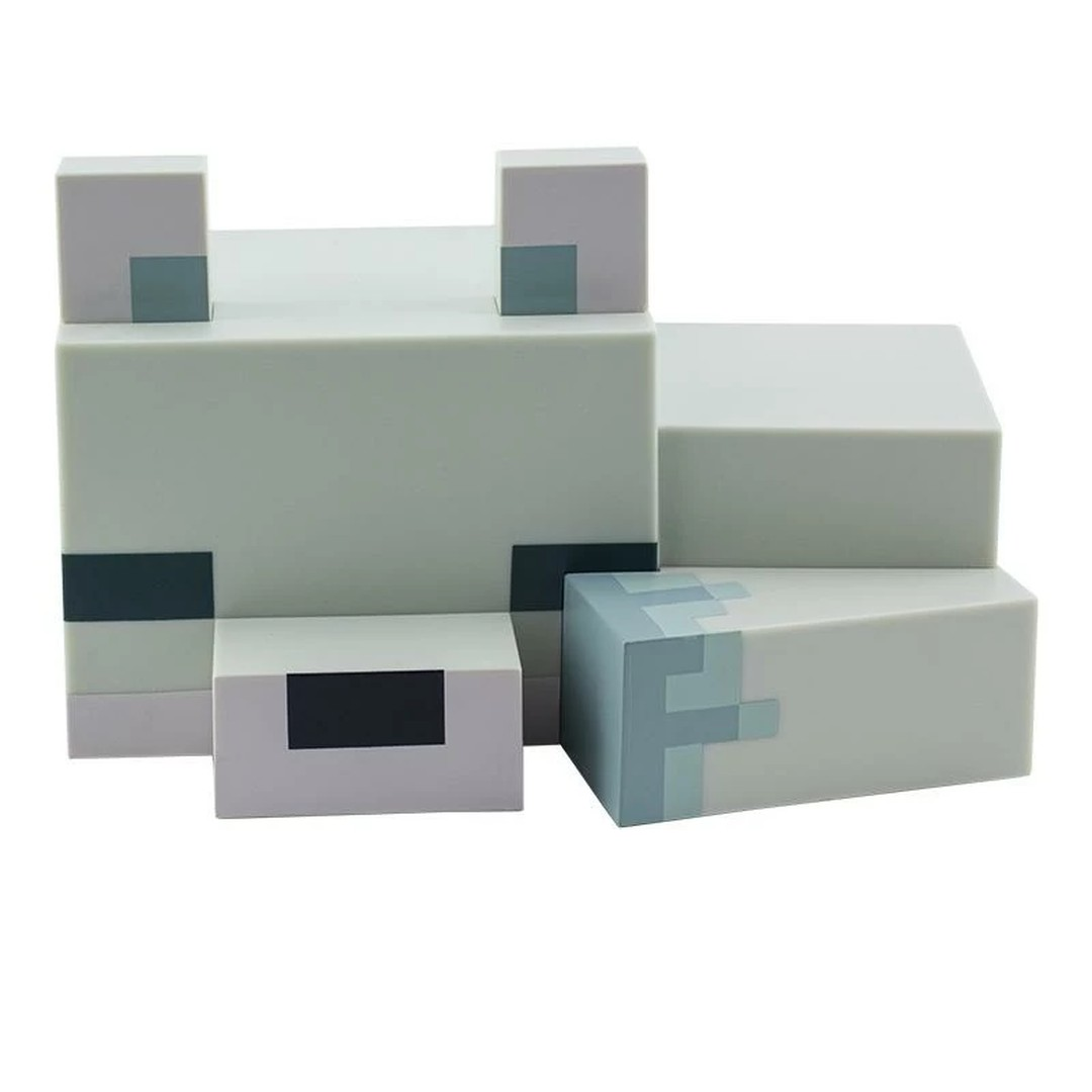 Figurka wilka Minecraft z bloków w kolorze jasnoszarym, ciemnoszarym i niebieskim.