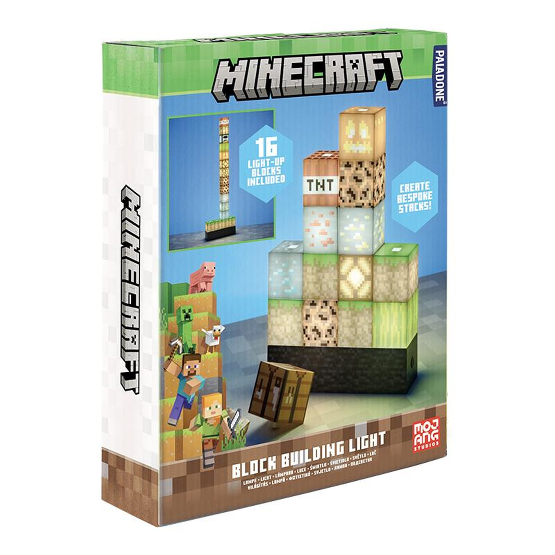 Opakowanie Minecraft light block building z postaciami i świecącymi blokami.