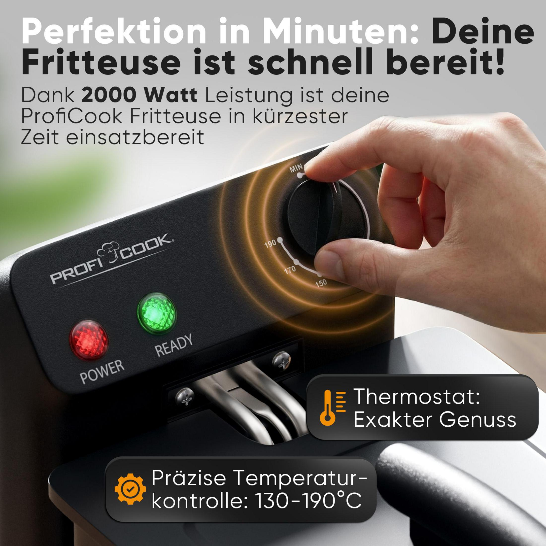 Eine Hand stellt den Temperaturregler einer Fritteuse ein. Rote und grüne Lichter sind sichtbar.
