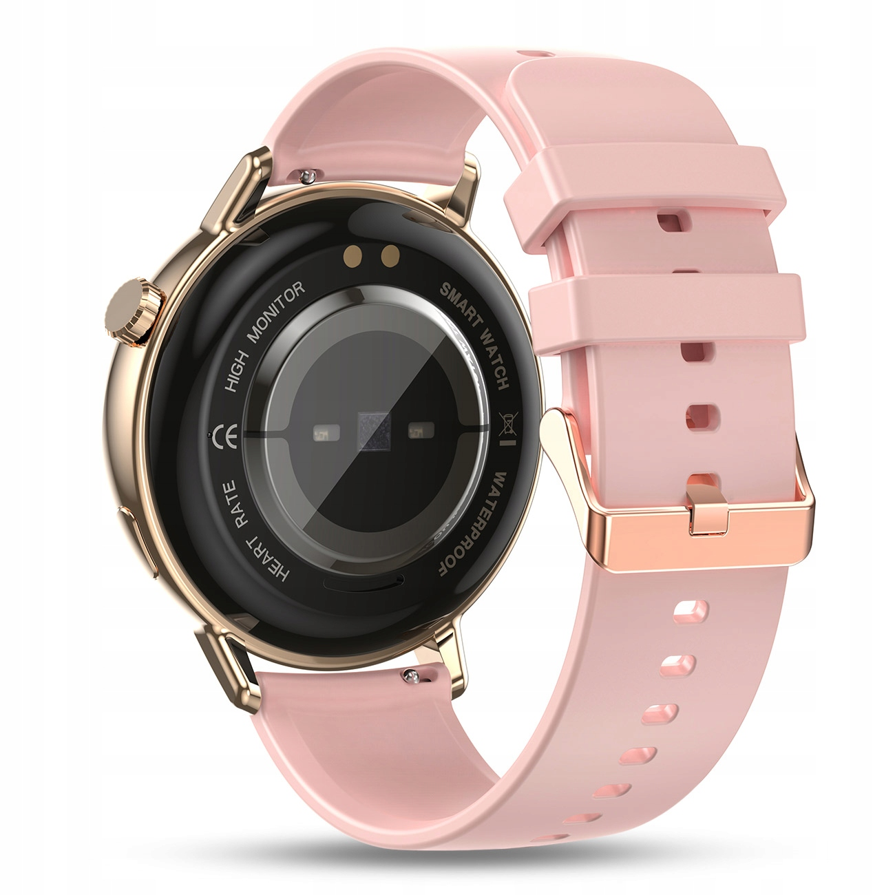Zegarek smart rose gold z różową bransoletą. Tył pokazuje czujnik tętna.