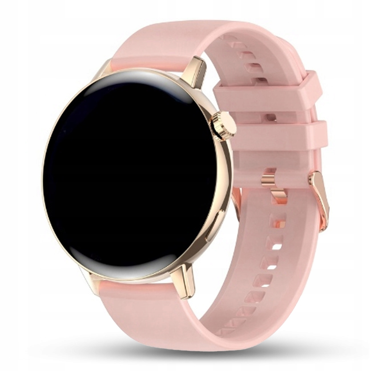 Różowy smartwatch ze złotą kopertą i czarnym ekranem.