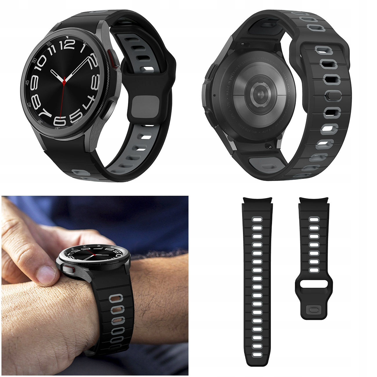 Czarny smartwatch z szarym paskiem, noszony na nadgarstku.