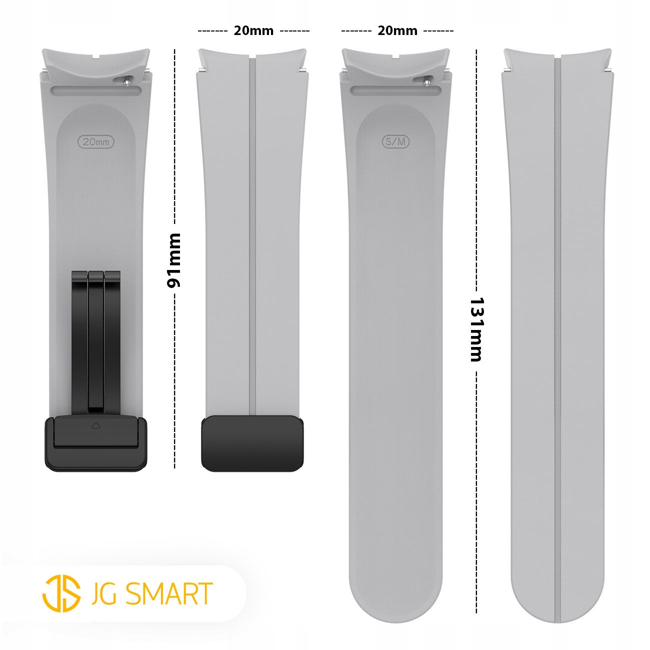 Dwie szare bransolety zegarka, jedna 91mm, druga 131mm, ze wskaźnikami.