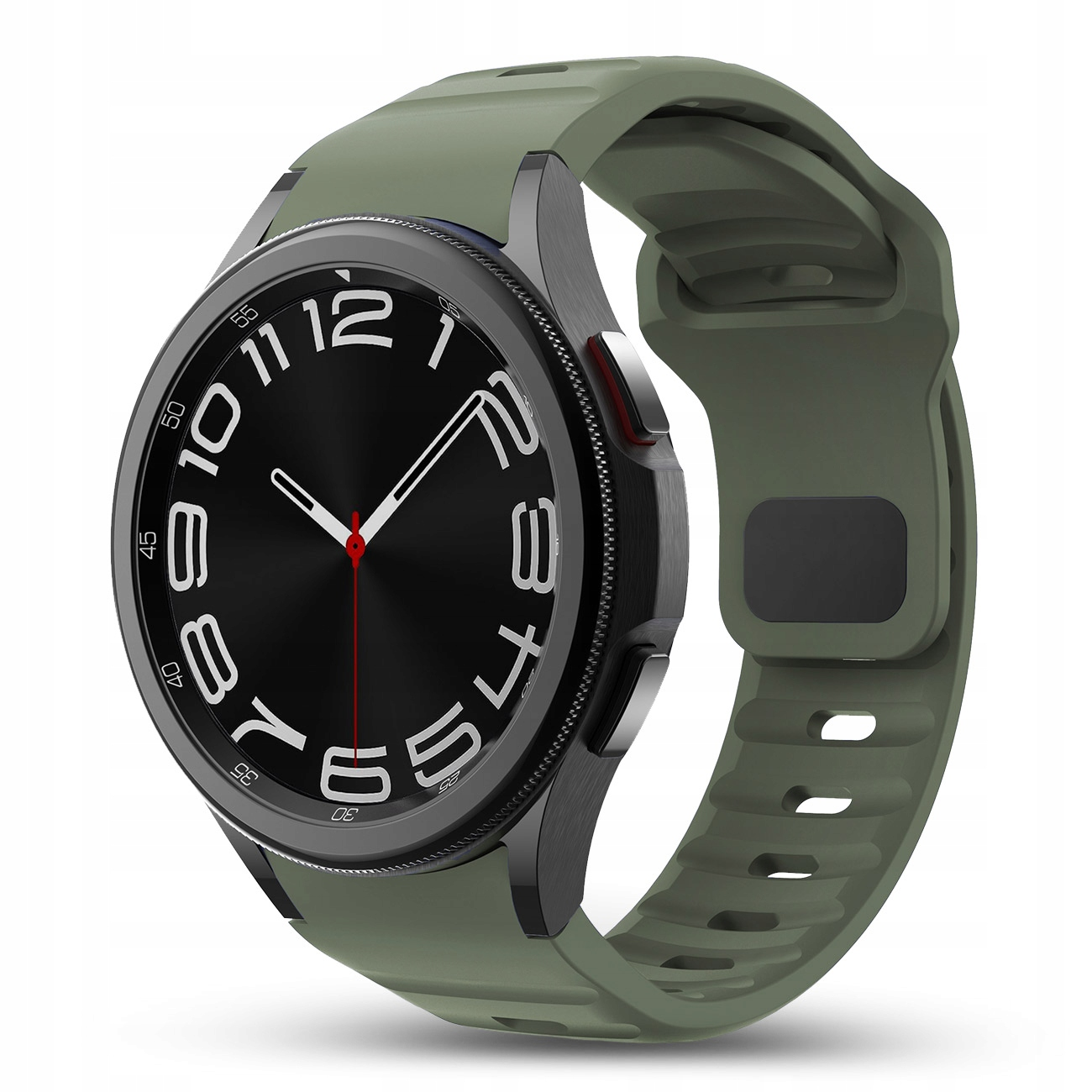 Zielony smartwatch z czarną tarczą i białymi cyframi.