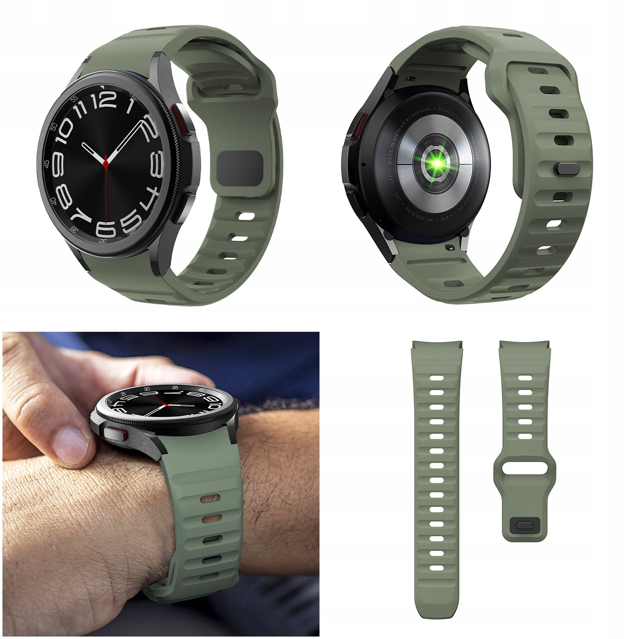 Zielony smartwatch z czarną tarczą, tyłem i osobnymi paskami.