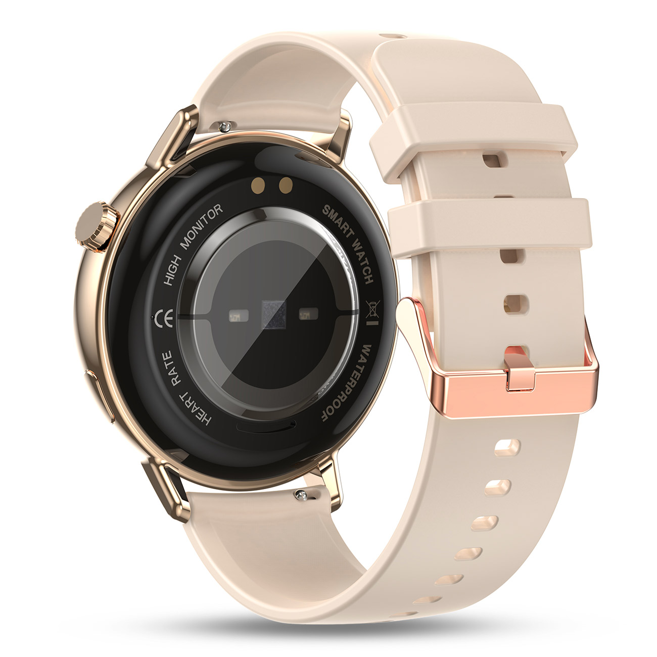Złoty smartwatch z kremowym paskiem, tył pokazuje czujnik tętna i 'WATERPROOF'.