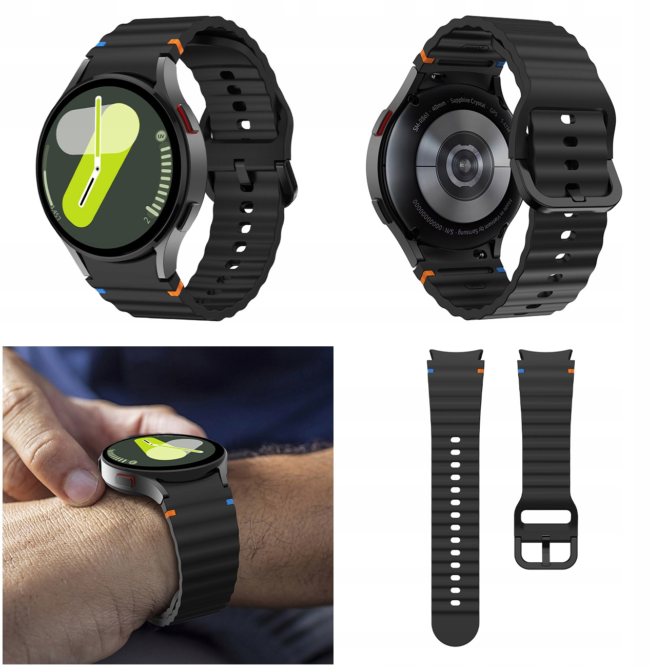 Czarny smartwatch z kolorowymi akcentami, paskiem i paskiem zapasowym.